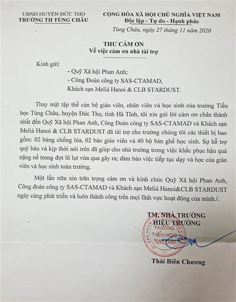 Thư cảm ơn của Trường Tiểu học Tùng Châu & Trường Tiểu học Nguyễn Trãi - huyện Đức Thọ - tỉnh Hà Tĩnh gửi tới Qũy Phan Anh